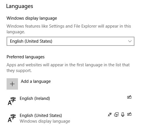 Windows 10 Languages settings page listing preferred languages