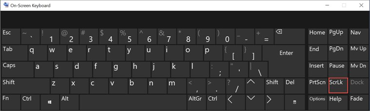 Windows 10 On-Screen Keyboard with the ScrLk key boxed in red