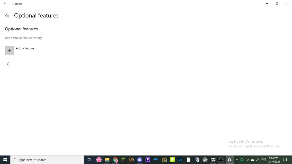 Windows 10 Optional features page showing an empty features list
