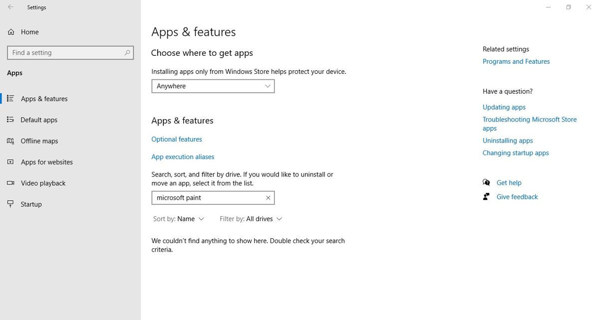 Windows 10 Settings page searching installed apps for Paint with no results