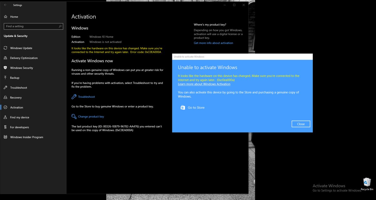 Windows 10 Settings page showing Activation as not activated