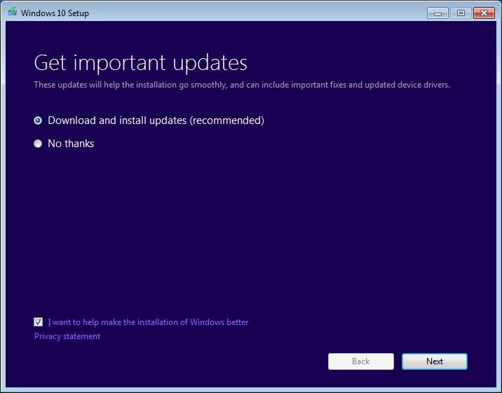 Windows 10 Setup screen asking to download and install updates