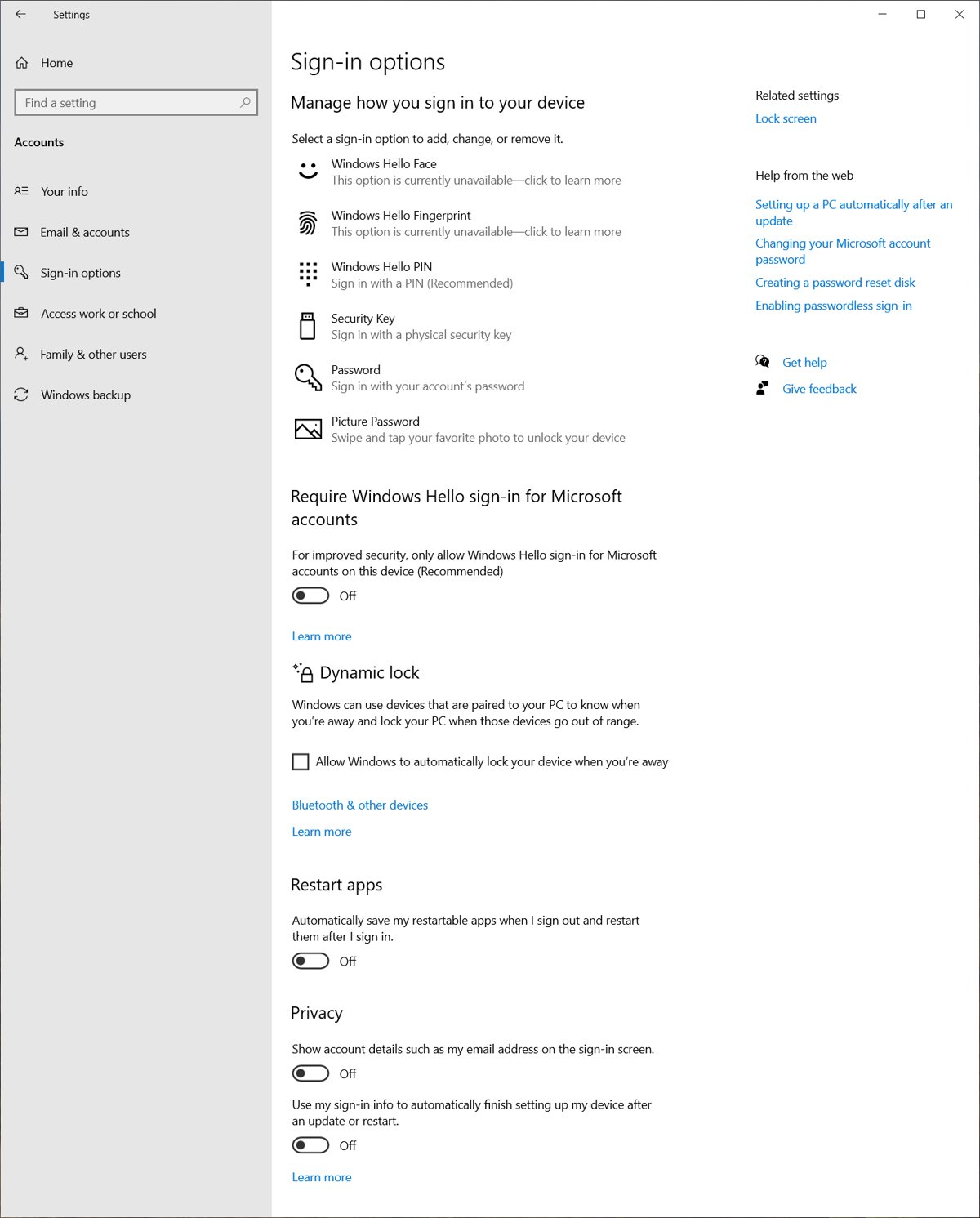 Windows 10 Sign-in options page with the Dynamic lock checkbox