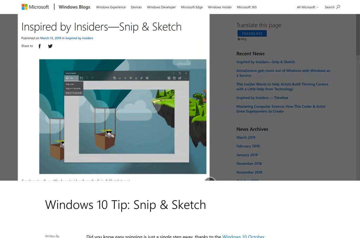 Windows blog post explaining the screen snip shortcut and annotation tools