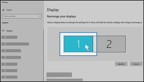 Windows 10 display settings showing two monitors ready to rearrange