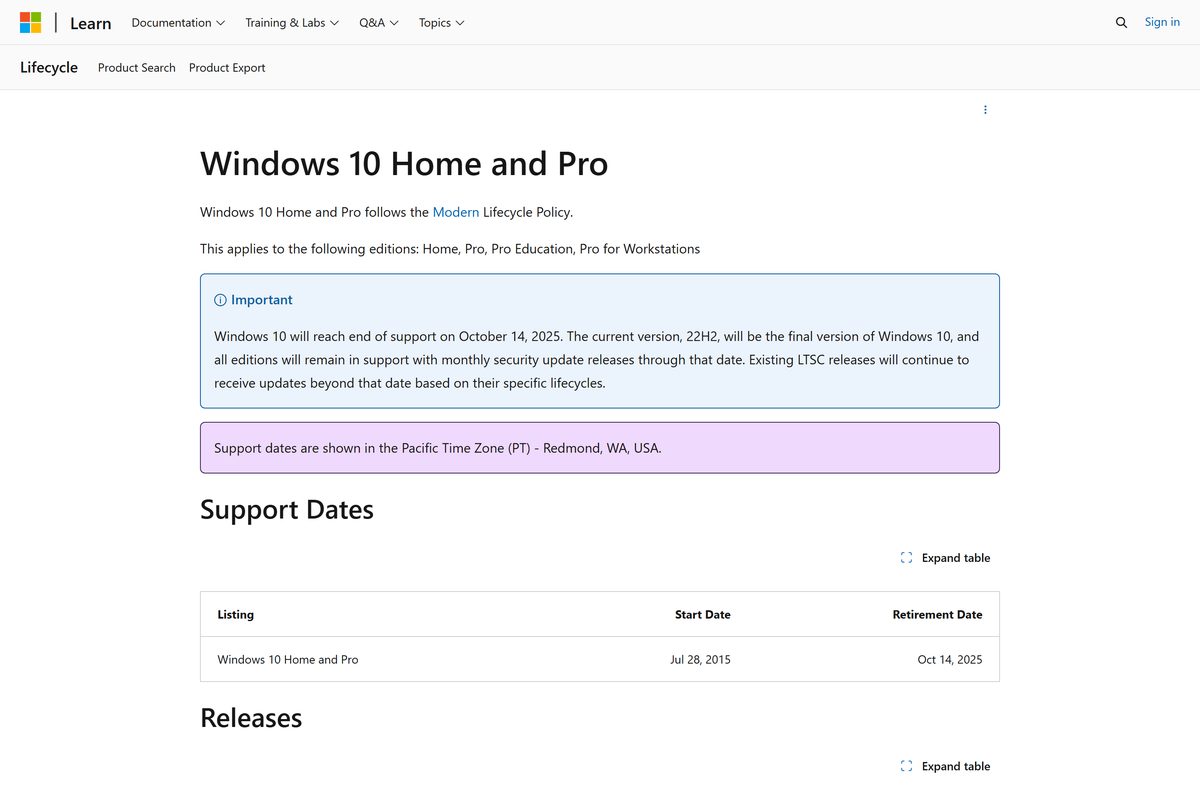 Windows 10 22H2 support dates in Microsoft's lifecycle table
