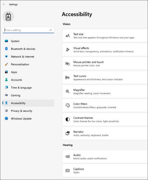 Windows 11 Accessibility settings page with Magnifier listed under Vision