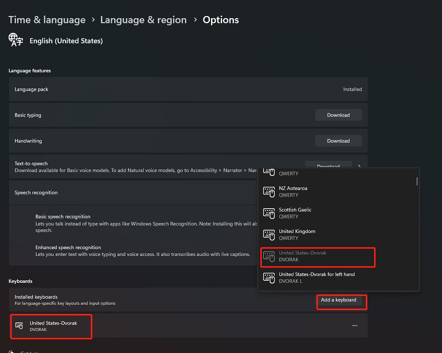 Windows 11 Add a keyboard list with United States-Dvorak highlighted