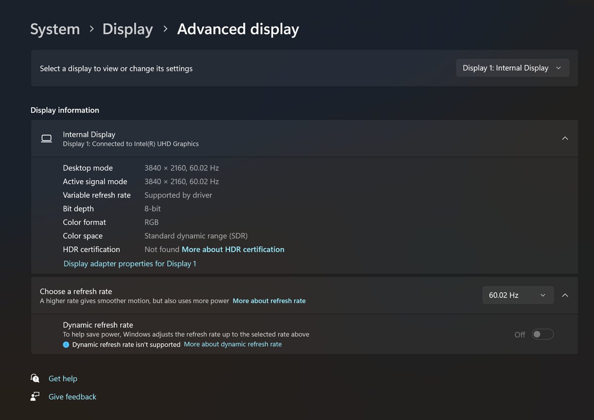 Windows 11 Advanced display settings with refresh rate dropdown and display info