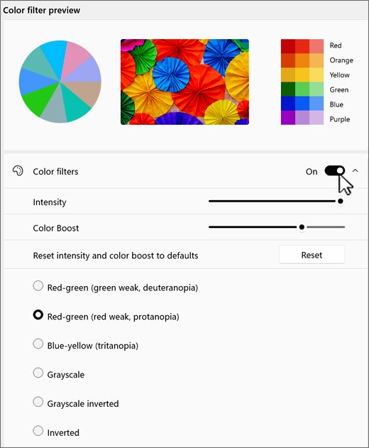 Windows 11 Color filters settings with preview wheel and filter list