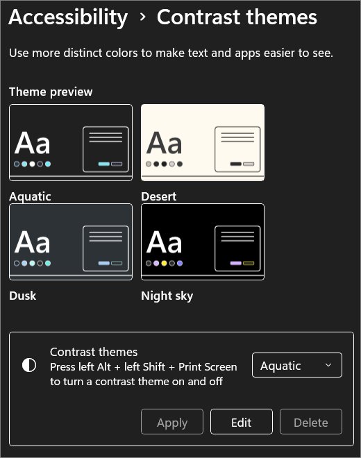 Windows 11 Contrast themes page with Aquatic, Desert, Dusk and Night sky previews