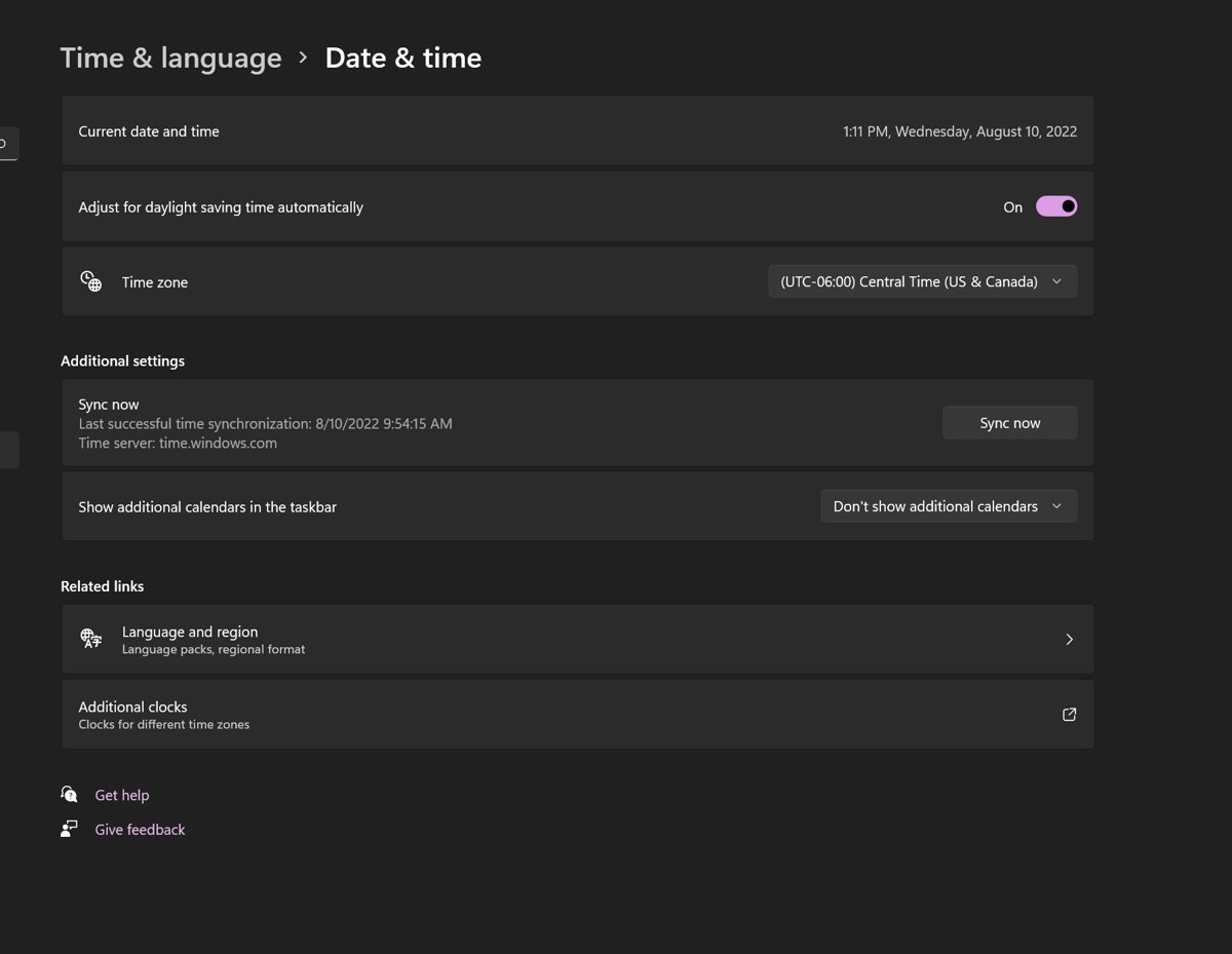Windows 11 Date and time settings page in dark mode