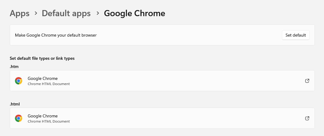 Windows 11 Default apps page for Google Chrome with Set default button