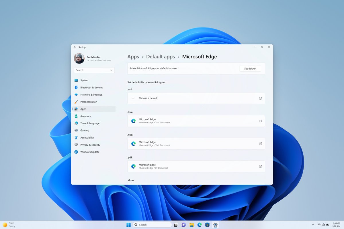 Windows 11 Default apps page for Microsoft Edge with Set default button