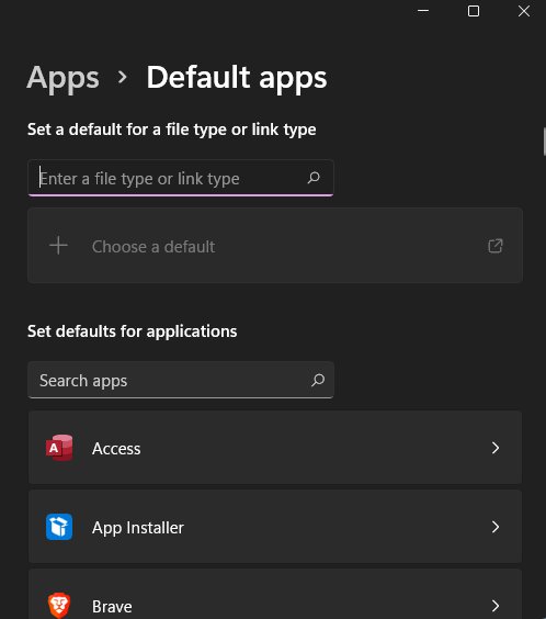 Windows 11 Default apps page with a file type search box and app list