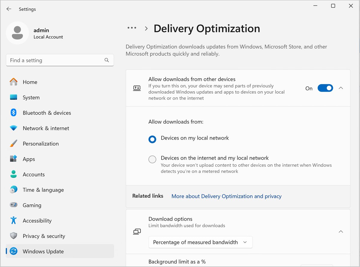 Windows 11 Delivery Optimization settings with Allow downloads from other devices toggled on