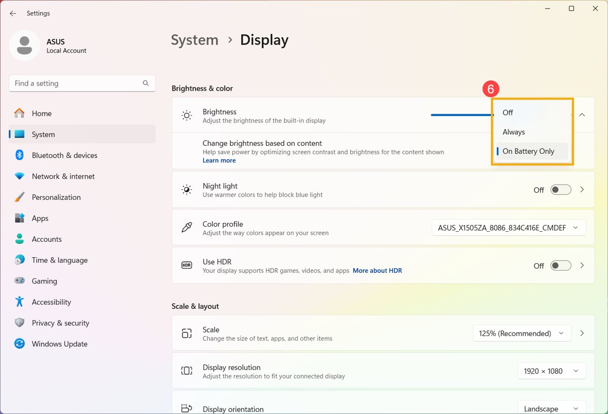 Windows 11 Display settings with Change brightness based on content options open