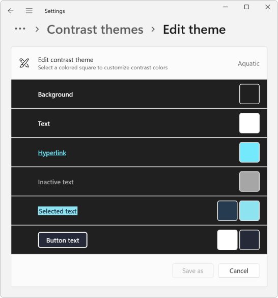 Windows 11 Edit contrast theme dialog listing color swatches for Aquatic
