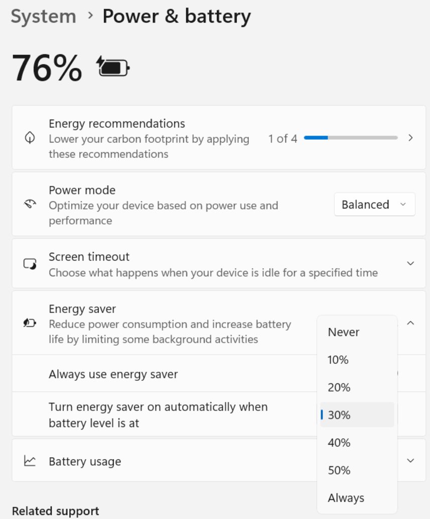 Windows 11 Energy saver settings with battery-percentage dropdown open