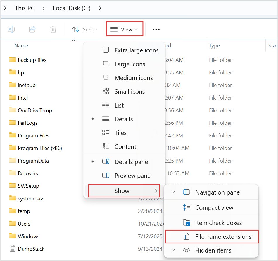 Windows 11 File Explorer View menu with Show submenu open