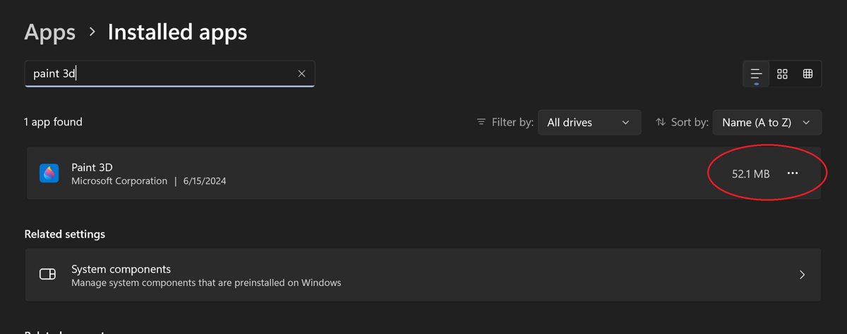 Windows 11 Installed apps list showing Paint 3D found by search