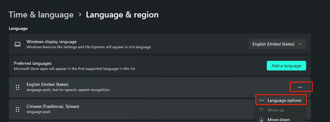 Windows 11 Language and region page with Language options menu open