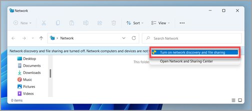 Windows 11 Network folder warning banner enabling network discovery and file sharing