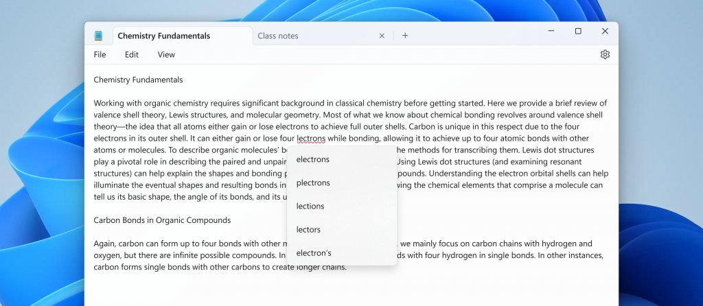 Windows 11 Notepad flagging a misspelled word with suggestion list