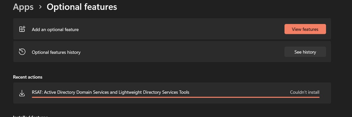 Windows 11 Optional features page listing a failed RSAT install