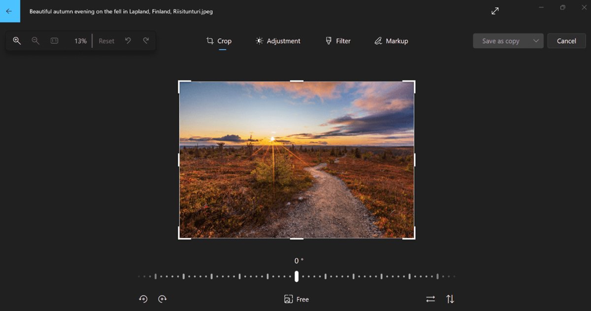 Windows 11 Photos editor with Crop tab open and rotate controls