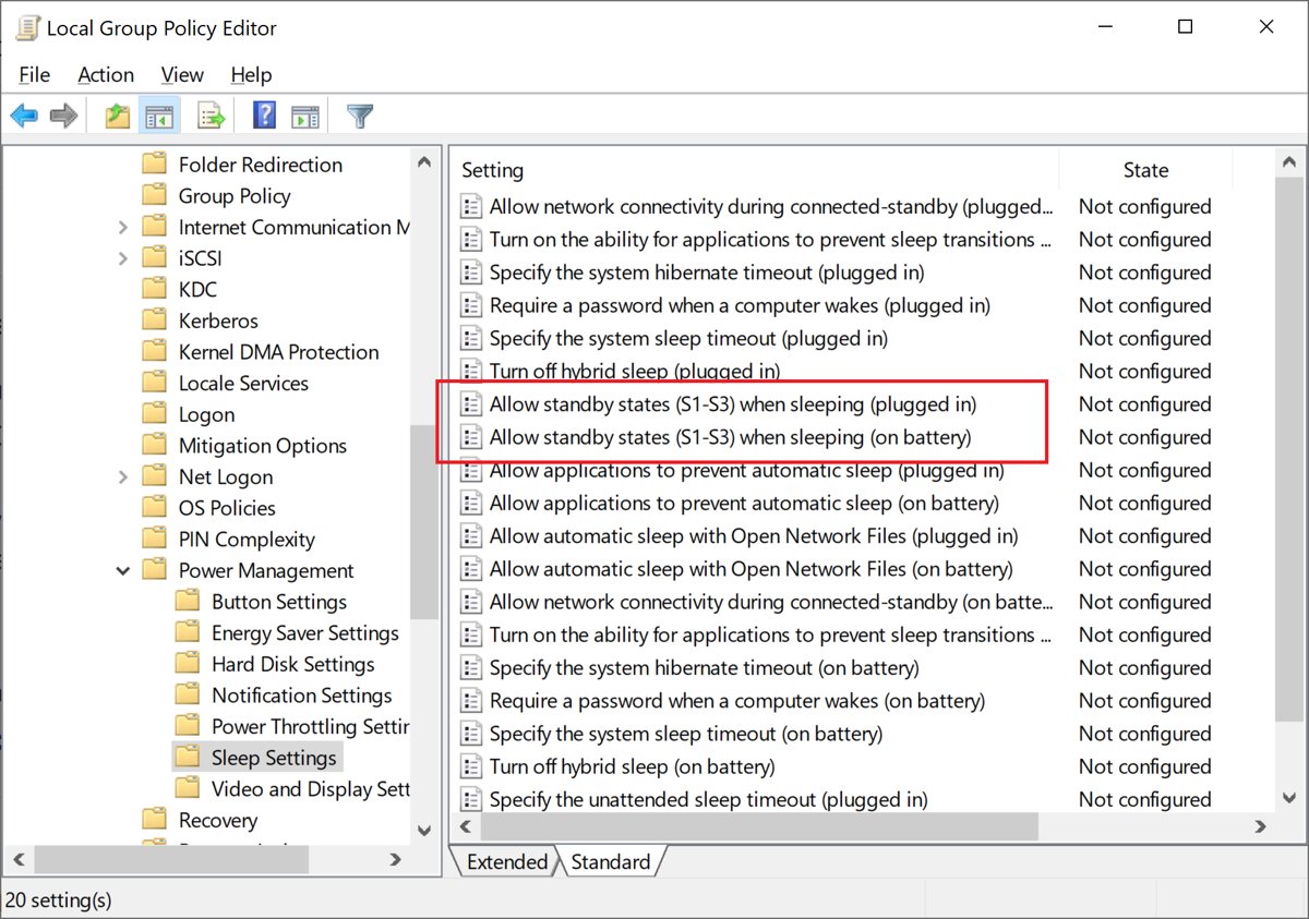 Windows 11 Pro Local Group Policy Editor Sleep Settings list
