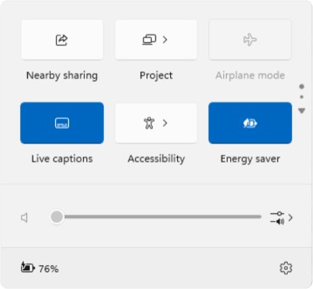 Windows 11 Quick Settings panel showing Live captions, Energy saver and a page-scroll arrow