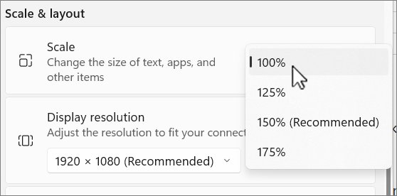 Windows 11 Scale drop-down open showing 100%, 125%, 150% and 175%