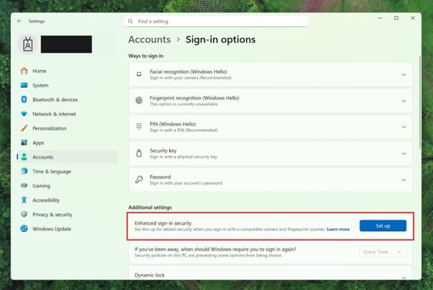 Windows 11 Settings Accounts page showing Sign-in options and Additional settings