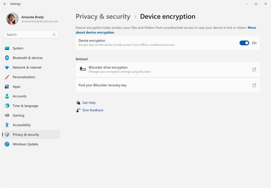 Windows 11 Settings Privacy and security Device encryption toggle switched on