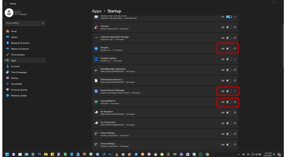 Windows 11 Settings Startup page listing apps with on and off toggles