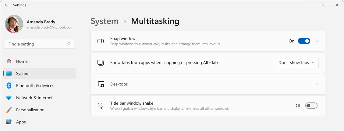 Windows 11 Settings System Multitasking page with Snap windows toggled on