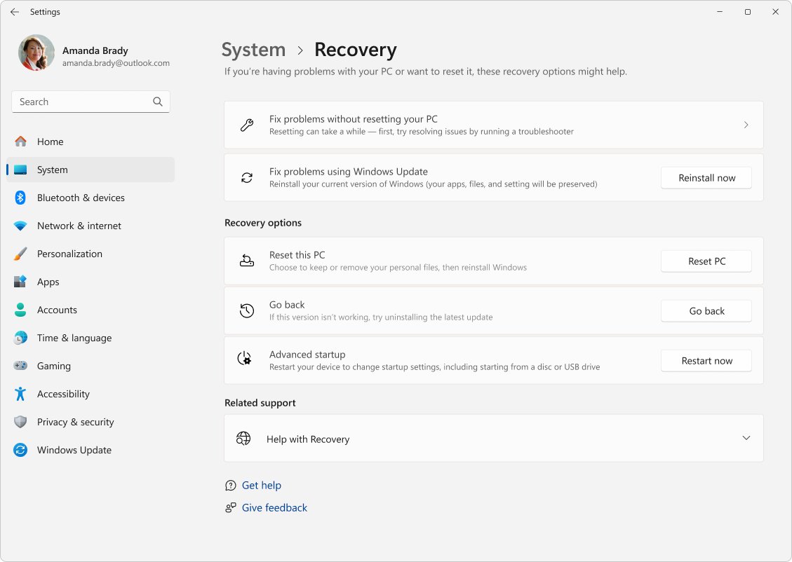 Windows 11 Settings System Recovery page with Reset PC button