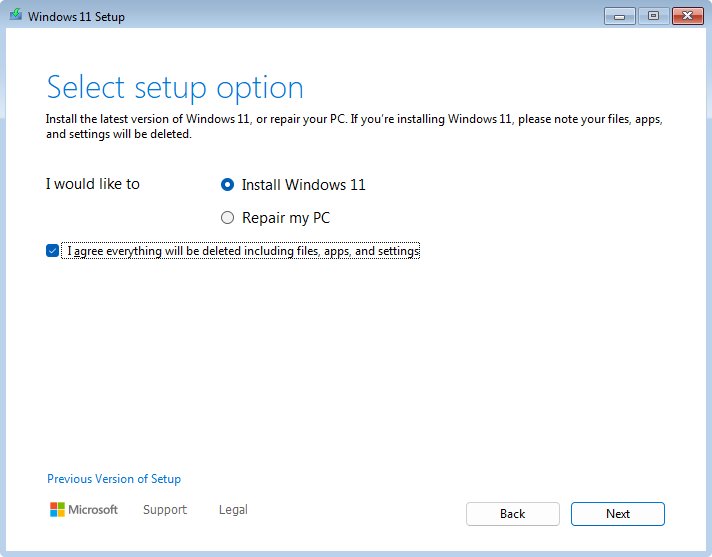 Windows 11 Setup Select setup option screen with Install Windows 11 chosen