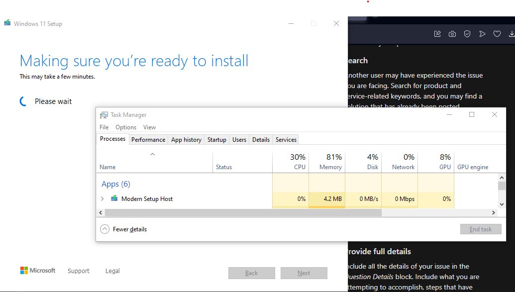 Windows 11 Setup readiness check screen with Task Manager open