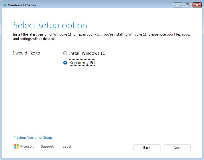 Windows 11 Setup screen with Repair my PC option selected