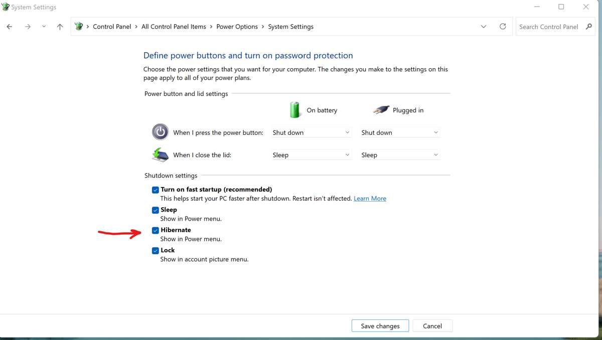 Windows 11 Shutdown settings with the Hibernate checkbox ticked