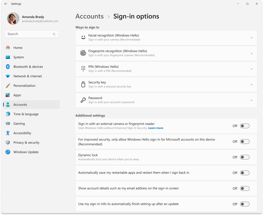 Windows 11 Sign-in options listing Facial, Fingerprint and PIN Hello methods
