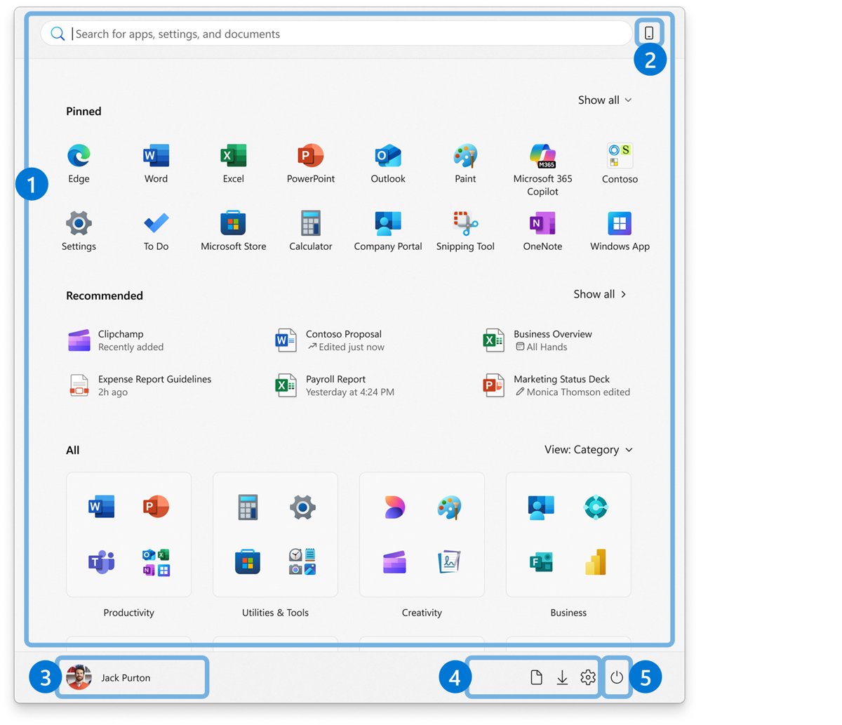 Windows 11 Start menu highlighting the account row and Power icon
