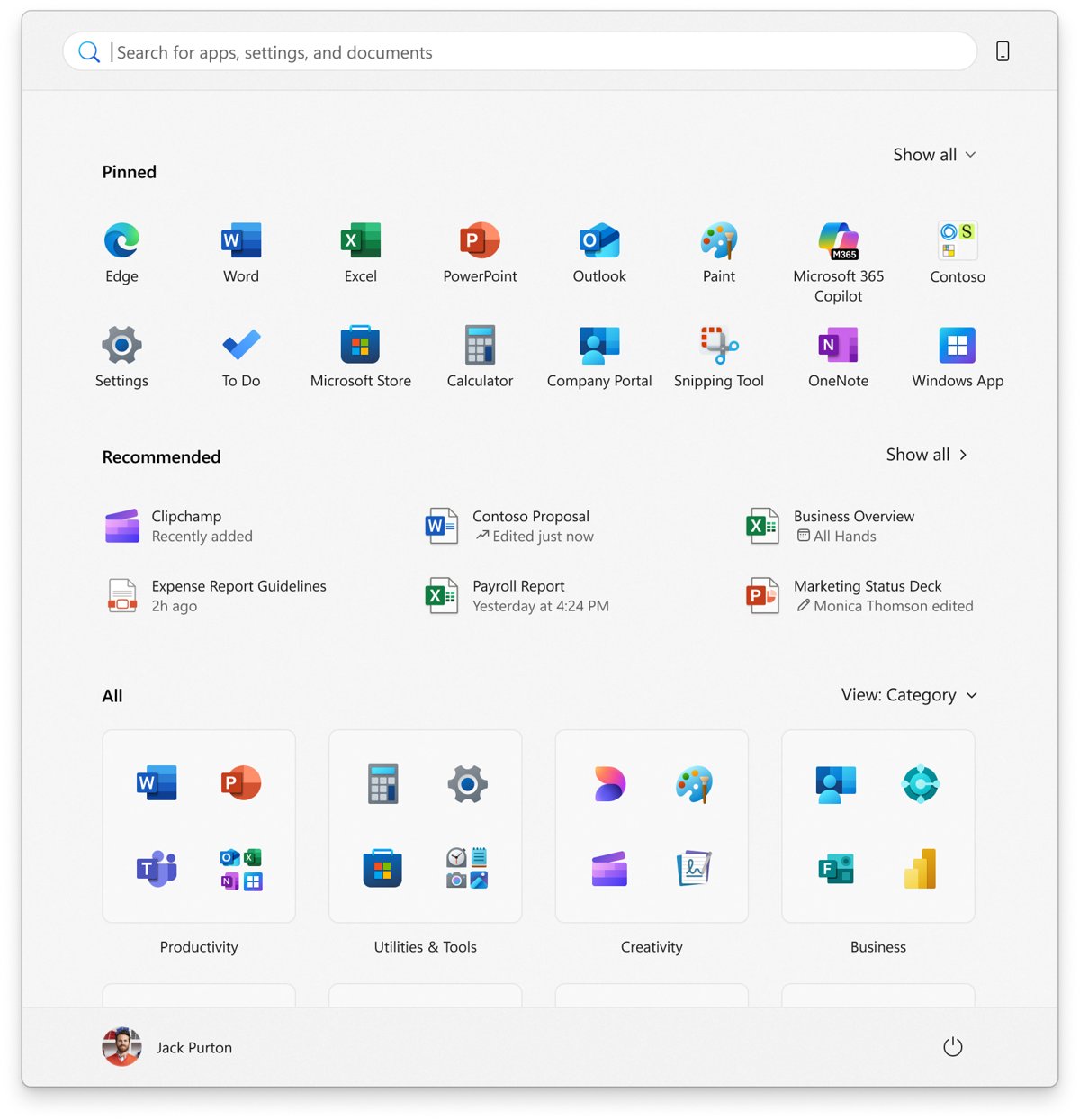 Windows 11 Start menu with Pinned, Recommended and All category view
