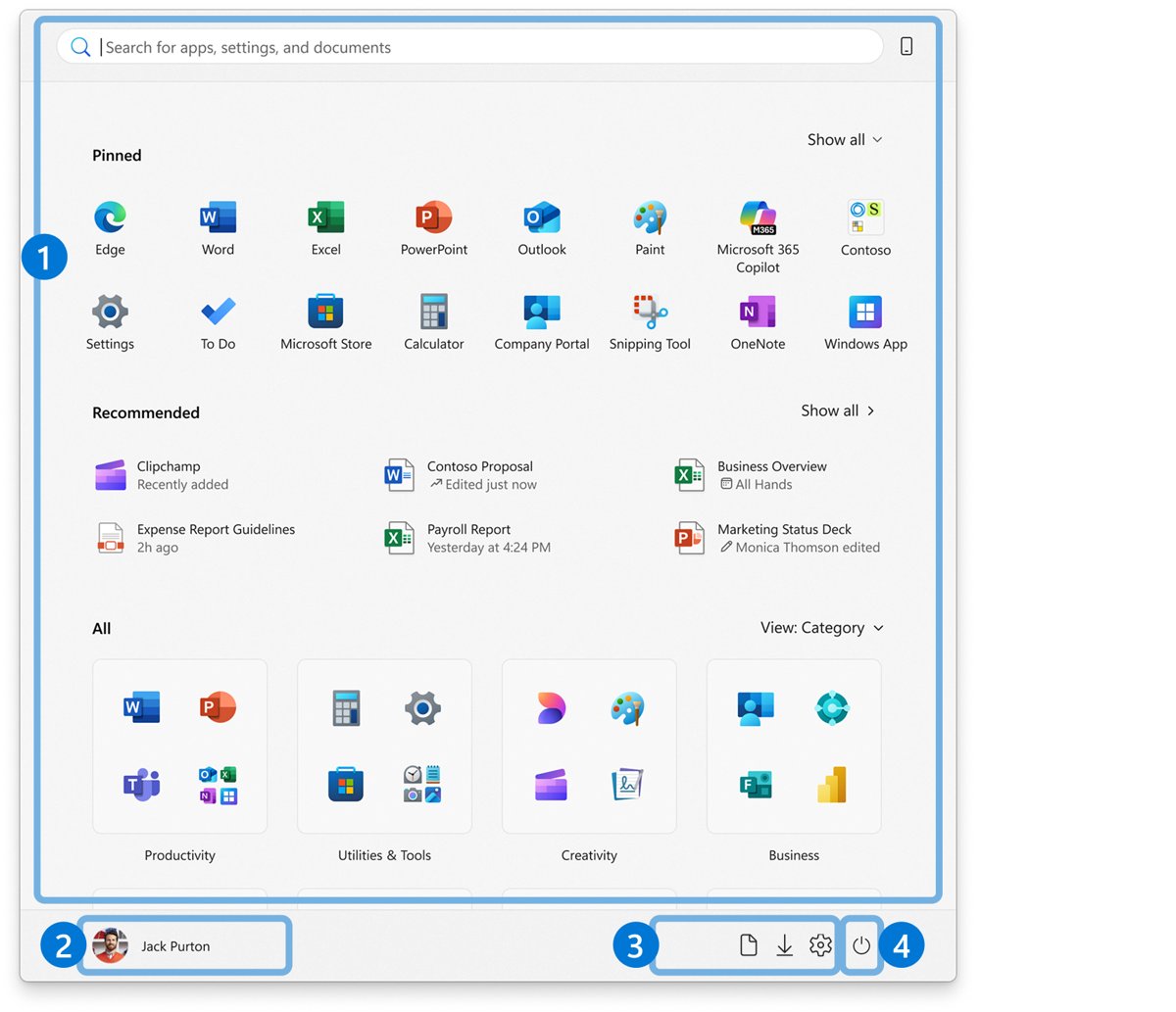 Windows 11 Start menu with Pinned apps and Recommended recent files