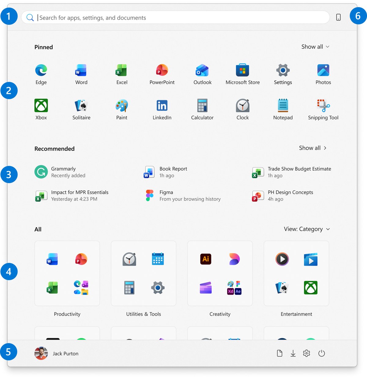Windows 11 Start menu with search, pinned apps and recommended files labeled