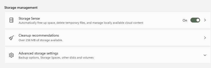 Windows 11 Storage Sense toggle switched on in Settings