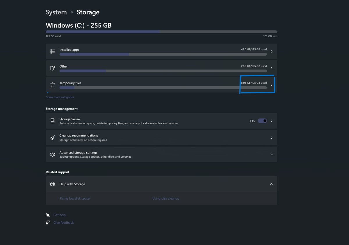 Windows 11 Storage settings with Storage Sense switched on and Temporary files selected
