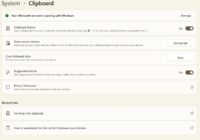 Windows 11 System and Clipboard settings page with Clipboard history switched on